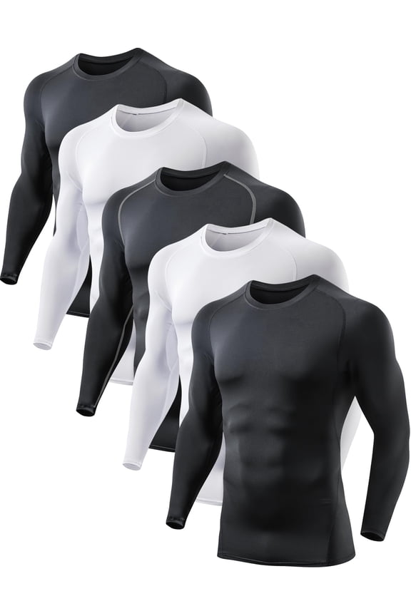 5 or 4 Pack Compression Shirts for Men Long Sleeve Athletic Base Layer Undershirt Gear T Shirt for Workout, High Elastic Performance Gym Tights Tops, Breathable Moisture Wicking Tee
