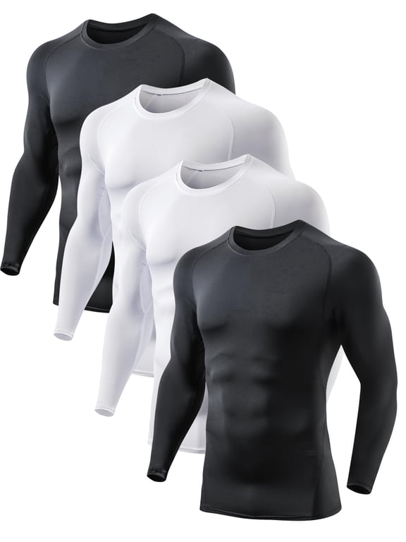 Men's 4-Pack Raglan Long Sleeve Compression Shirts Quick Dry Athletic Baselayer, Black/White, L