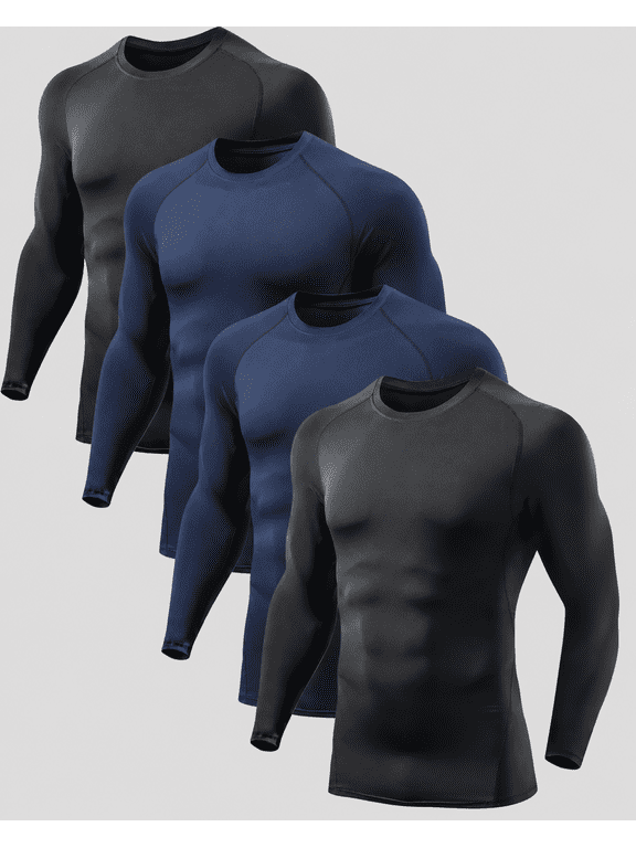 4-Pack Men's Long Sleeve Compression Shirts, Quick-Dry Moisture Wicking Athletic Baselayer Tops for Running Training
