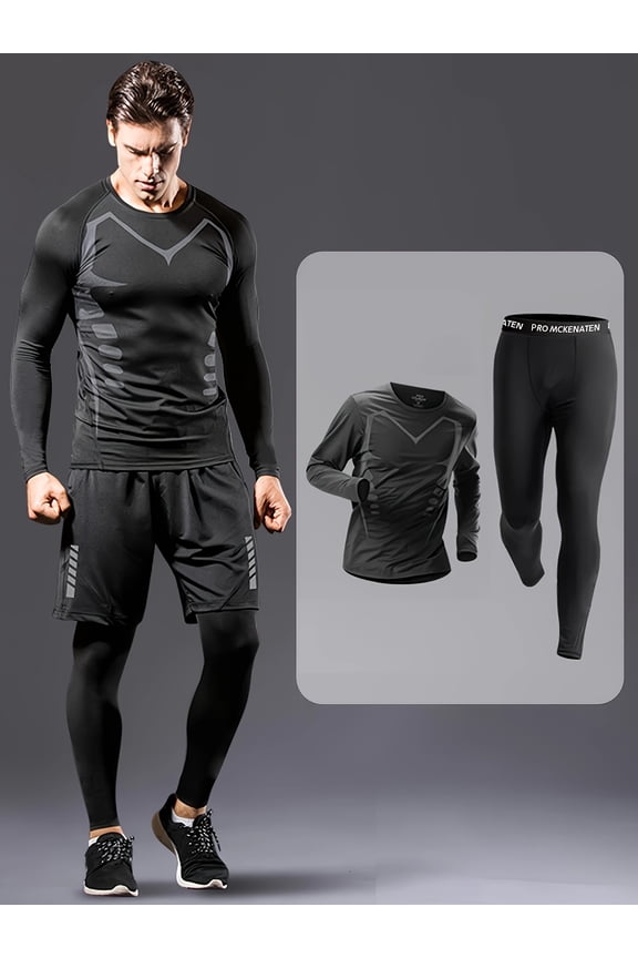 Men'S Fitness Set 2pcs, Elastic Quick-Dry Training Print Long Sleeve And Pants, Sports Athletic Gym Running Tights, Basketball Compression Suit, Night Hiking Riding Casual Workout Tracksuit
