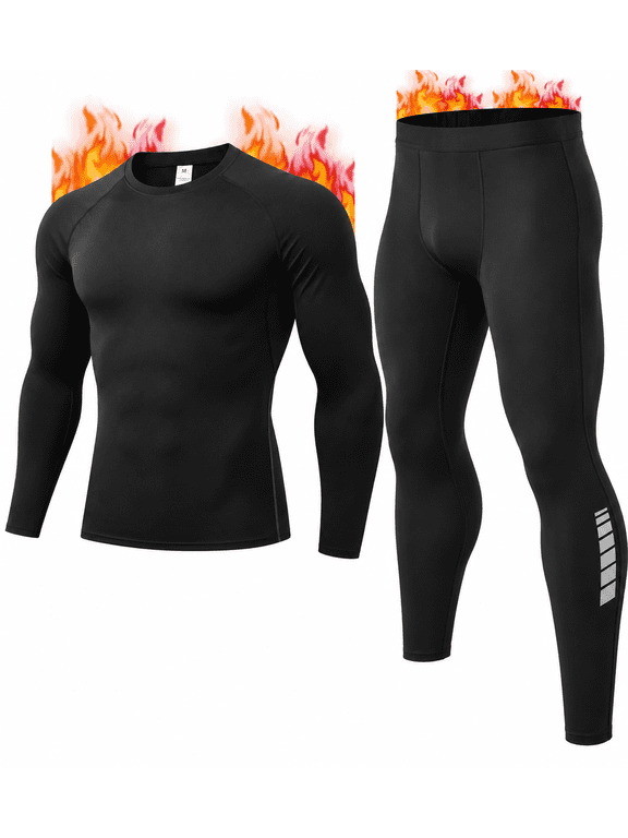 Men's Fleece-Lined 2-Piece Compression Set Long Sleeve Shirt and Pants Athletic Baselayer, Black, M