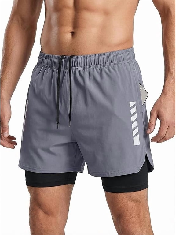 Men's 2-in-1 Running Shorts, Quick Dry Gym Workout Athletic Shorts with Liner, Back Zipper Pocket, Breathable Sports Activewear, Elastic