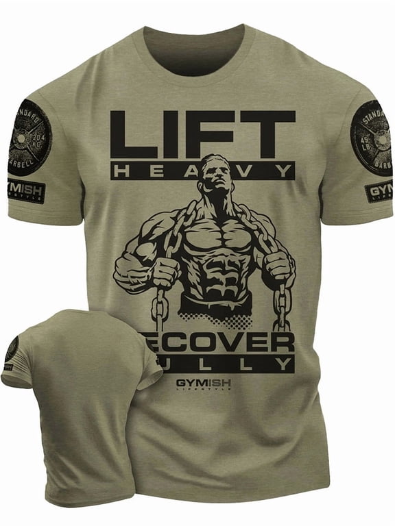 Men's Lift Heavy Gym T-Shirt, Motivational Graphic Tee, Heavy Duty Fitness Shirt, Beast Mode Bodybuilding Powerlifting Weightlifting T-Shirt, Short Sleeve Active Workout Top
