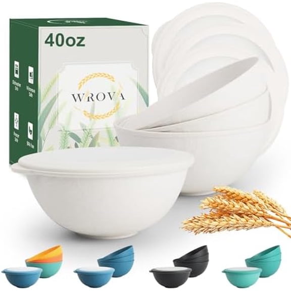 alternative plastic bowl set with lids,unbreakable wheat straw bowls 40oz suitable for indoors and outdoors,overnight foods container with cover. White
