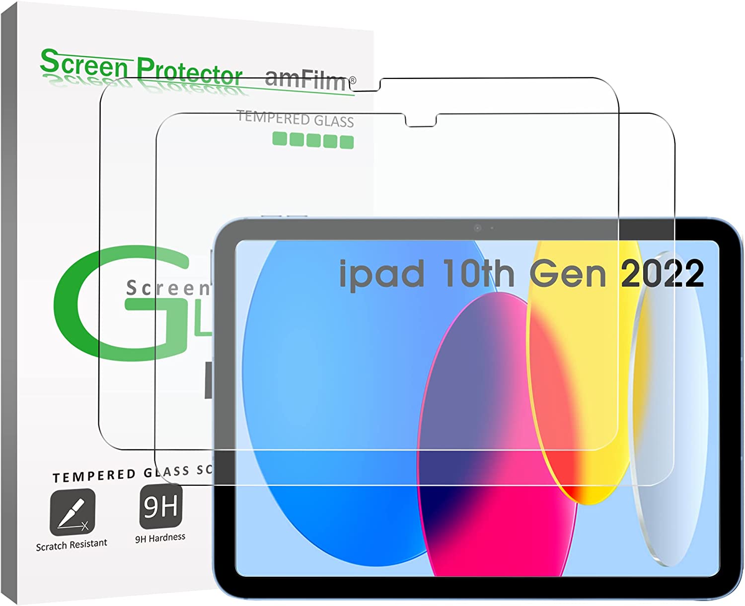 amFilm 2-Pack Glass Screen Protector Compatible with iPad 10th Generation 10.9 Inch (2022), 9H Tempered Glass Screen Protector, Ultra Sensitive, Face ID & Apple Pencil Compatible - image 1 of 6