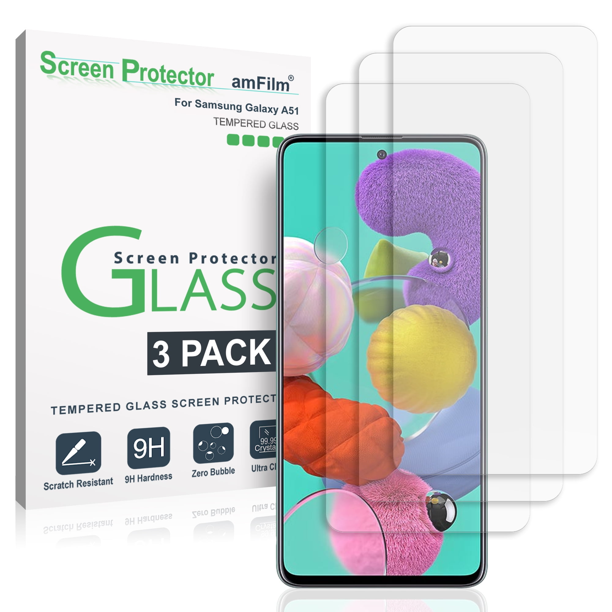 amFilm Galaxy A51 Screen Protector Glass (3 Pack), Case Friendly (Easy Install) Tempered Glass Screen Protector Film for Samsung Galaxy A51 (2019)
