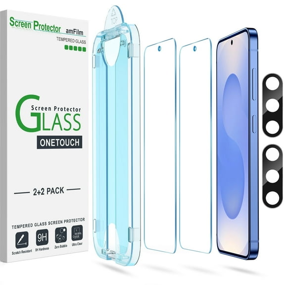 amFilm Galaxy S25 OneTouch Tempered Glass Screen Protector, 2+2 Pack, 6.2 Inch