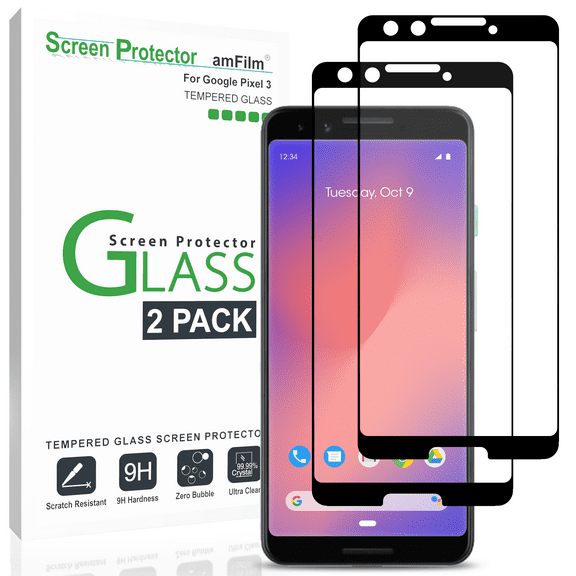 amFilm Pixel 3 Screen Protector Glass, Full Cover Tempered Glass Screen Protector with Dot Matrix for Google Pixel 3 (2 Pack, Black)