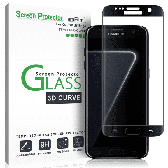 amFilm Screen Protector for Samsung Galaxy S7 Edge, Full Cover (3D Curved) Tempered Glass Film with Dot Matix (Black)