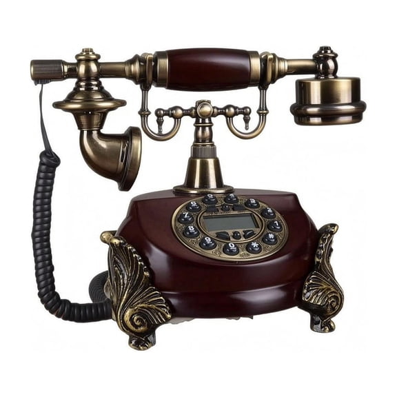 amagogo 1 Piece European Antique Corded Telephone Vintage Push Button Wired Landline Decorative Device with Brass Tone Details and Leaf Shape Feet Suitable for Home Office Reception