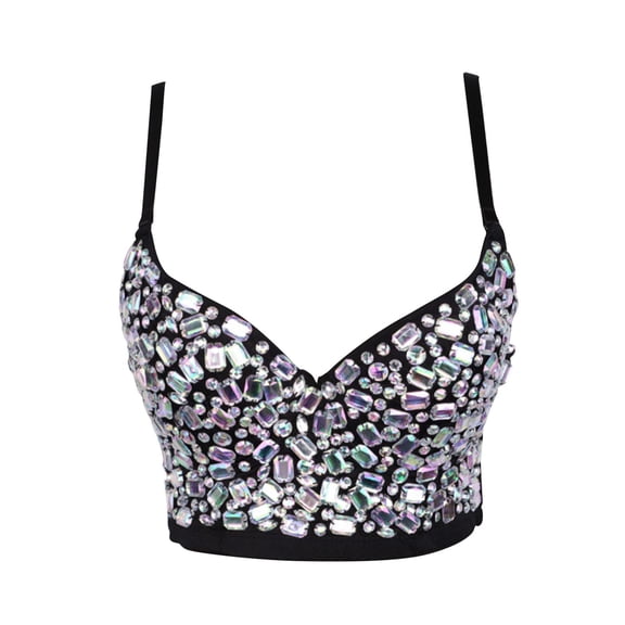 amagogo Colorful Rhinestones Beaded Corset Crop Top Bra for Club Fancy Dress Costume 38C Black