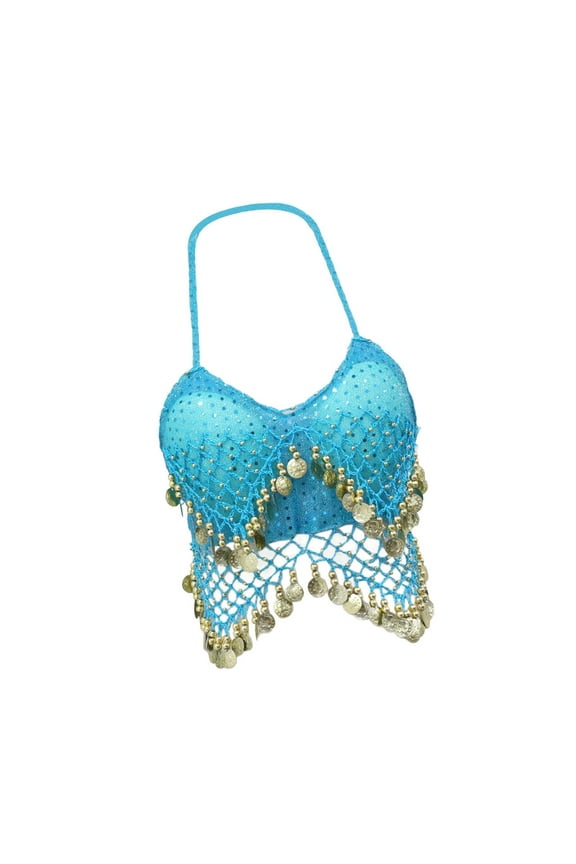 Sequin Crop Top Belly Dance Outfits,Halter Bra Top for Club Festival Performance Blue