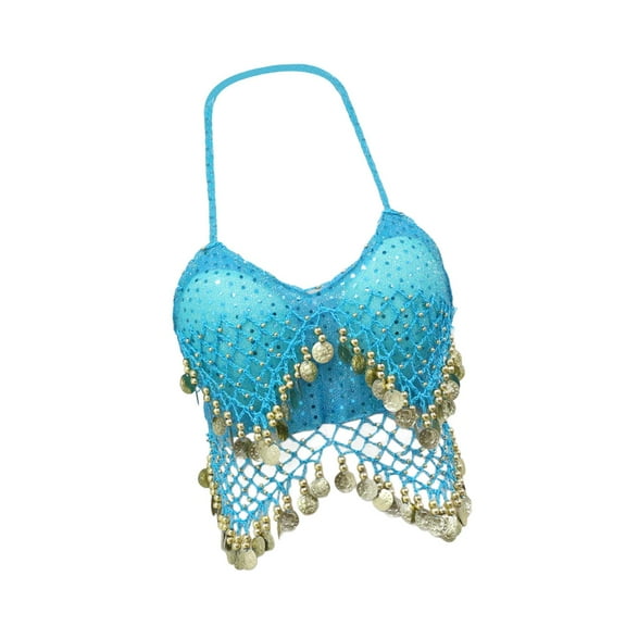amagogo Sequin Crop Top Belly Dance Outfits,Halter Bra Top for Club Festival Performance Blue