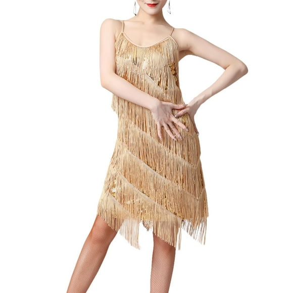 Women Sequin Tassel Dress Dancewear Flapper Dress for Samba Cha Cha Cocktail M