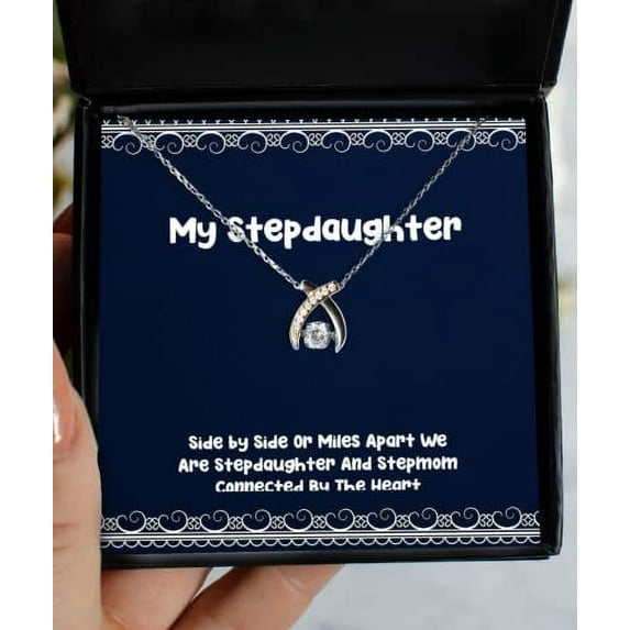 amangny Best Stepdaughter Wishbone Dancing Necklace, Side by Side Or Miles Apart We are, Present for Daughter, Unique Idea Gifts from Dad