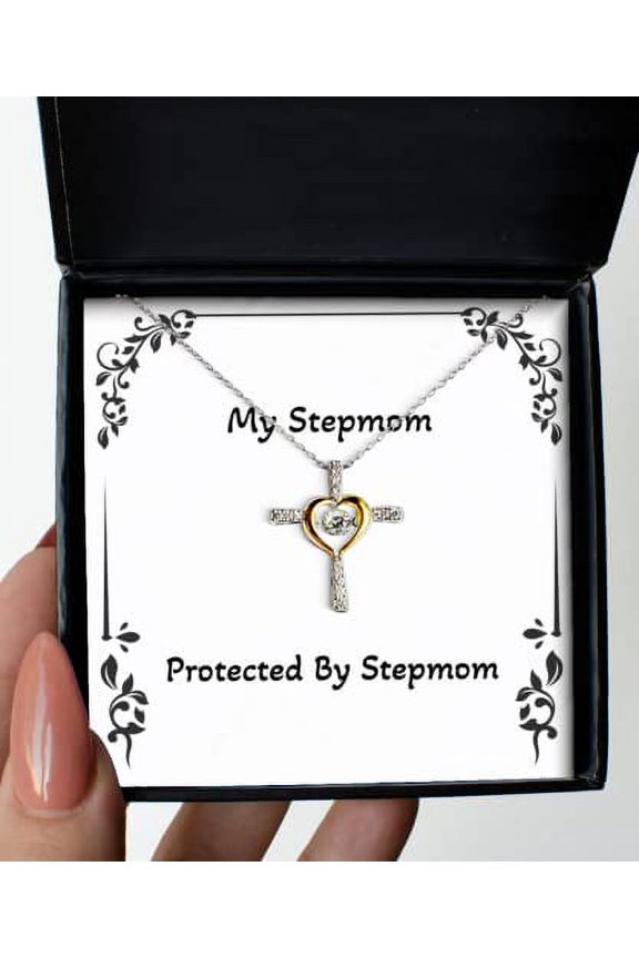 Cheap Stepmom Gifts, Protected by Stepmom, Sarcastic Cross Dancing Necklace for Mother from Daughter