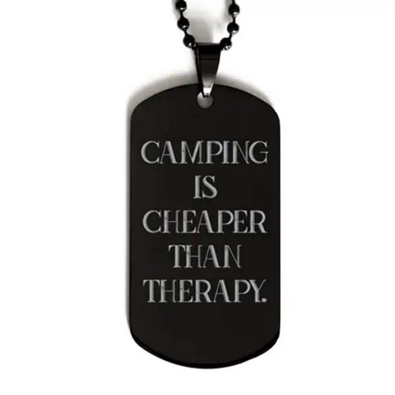 amangny Funny Camping Gifts, Camping is Cheaper Than Therapy, Camping Black Dog Tag from