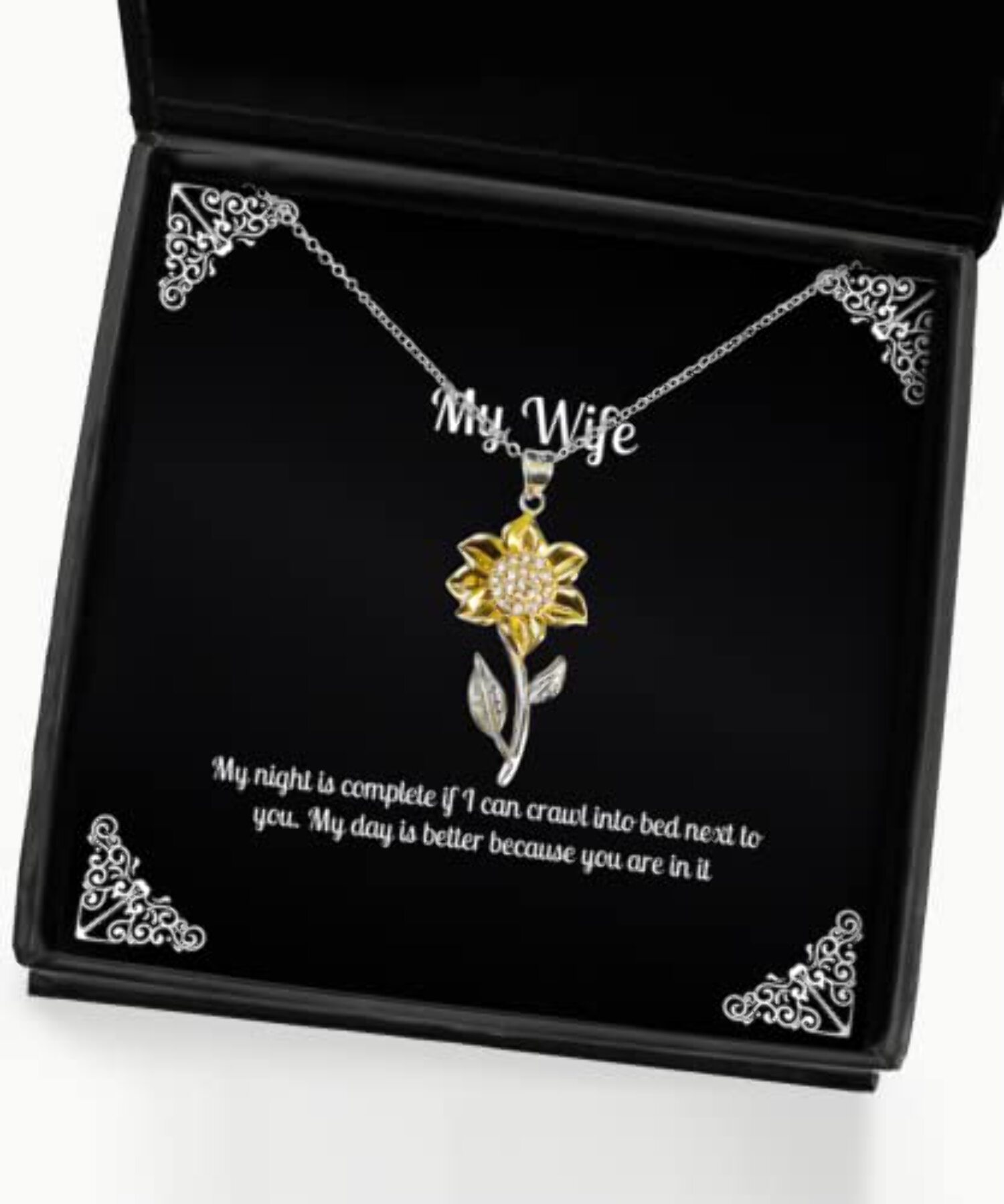 amangny Gag Wife Gifts, My Night is Complete if I can Crawl into Bed Next to You. My Day is, Wife Sunflower Pendant Necklace from Husband, Jewelry
