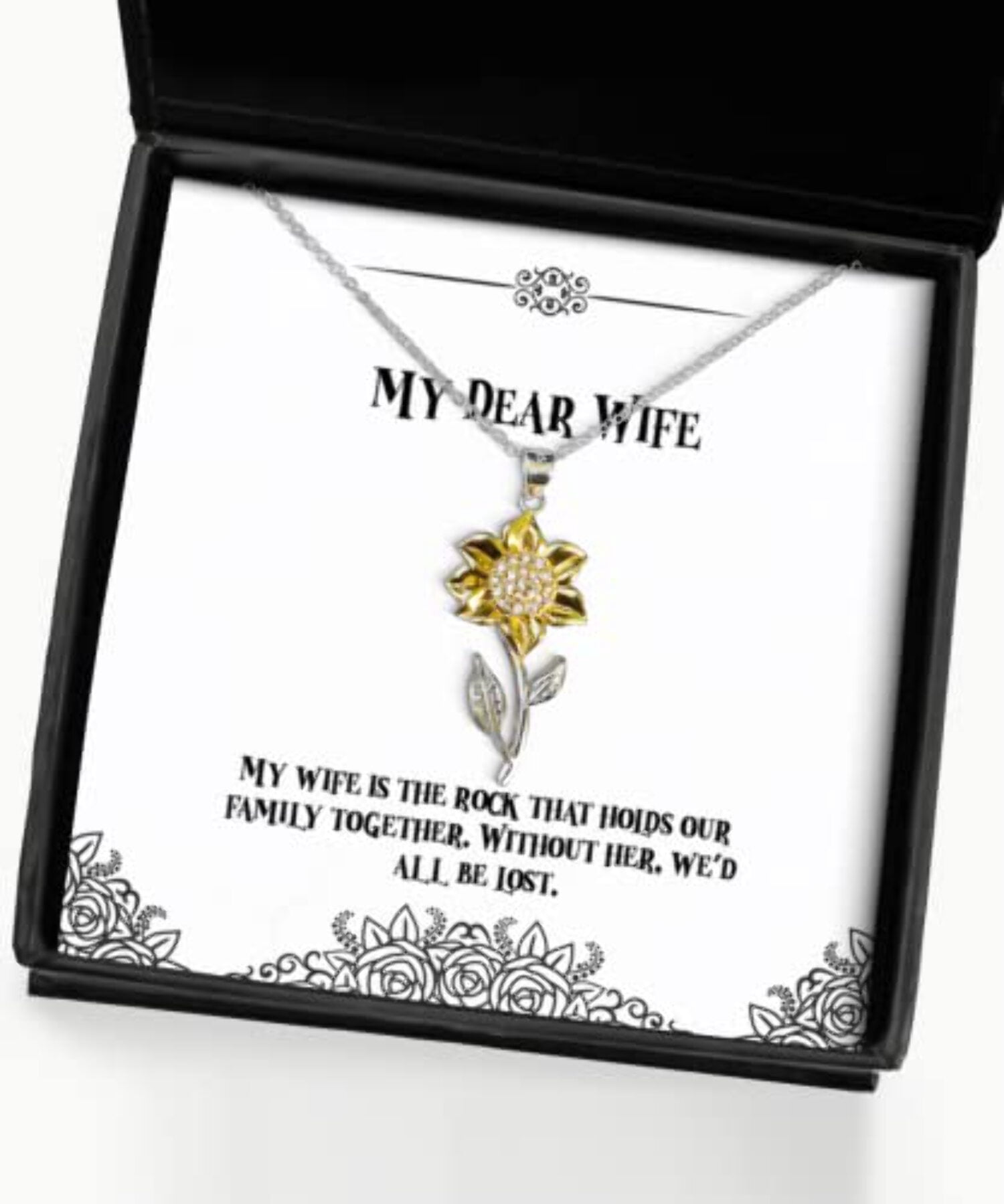 amangny Love Wife Gifts, My Wife is The Rock That Holds Our Family Together, Special Birthday Sunflower Pendant Necklace from Wife, Presents, Gift Giving, Christmas, Stocking Stuffers, Secret