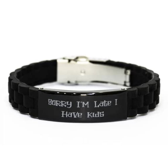 amangny Mommy for Mother, Sorry I'm Late I Have Kids, Reusable Mommy Black Glidelock Clasp Bracelet, Engraved Bracelet from Son Daughter