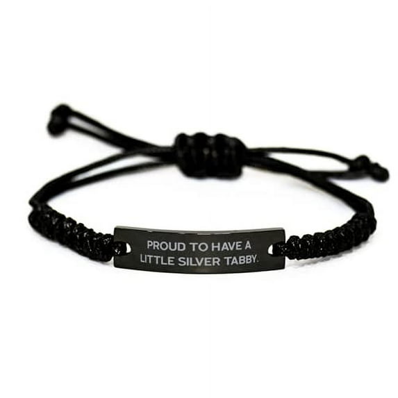 amangny Proud to Have a Little Silver Tabby. Black Rope Bracelet, Silver Tabby Cat Present from Friends, Special Engraved Bracelet for Cat Lovers