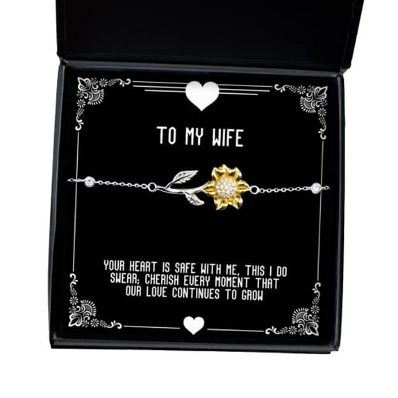 amangny Reusable Wife Sunflower Bracelet, Your Heart is Safe with me, This I do Swear; Cherish, Present for Wife, from Husband, Epic Wife Gift Ideas, Best Epic Wife Gift, Most Epic Wife Gift