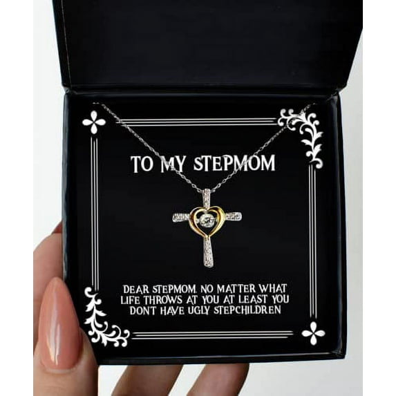 amangny Unique Stepmom Gifts, Dear Stepmom, No Matter What Life Throws at You at Least, Nice Christmas Cross Dancing Necklace Gifts for Mom