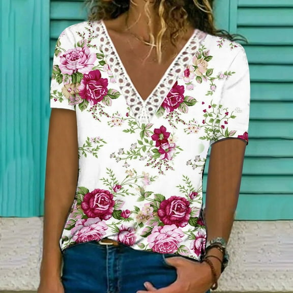 Wancir 2024 Summer Floral Printed Tops for Women Crochet Lace Trim V Neck Short Sleeve T Shirts Casual Loose Pullover Tee Shirts