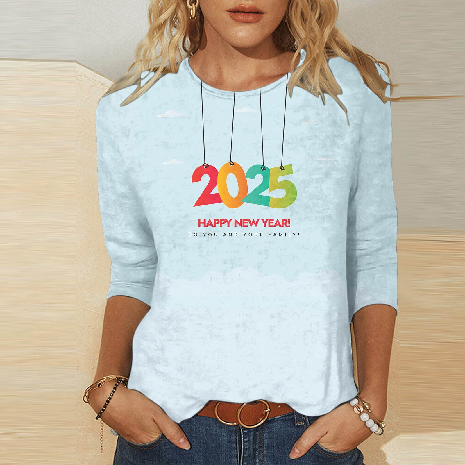 amasding 2025 Happy New Year Shirts for Women Christmas 3/4 Sleeve Tops Cotton Crewneck Pullover
