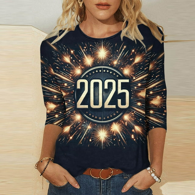 amasding 2025 Happy New Year Shirts for Women New Years Eve Tshirt 3/4 Sleeve Celebrate Tops