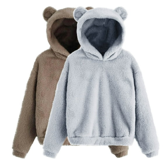 Wancir 2PC Fall Winter Womens Fluffy Bear Ear Hoodies,Lovely Plush Casual Sweatshirts,Fuzzy Warm Sweater,Plush Fuzzy Pullover