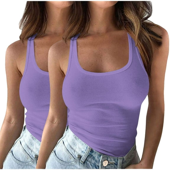 Wancir 2PC Women's Scoop Neck Ribbed Tank Tops Workout Sleeveless Summer Casual Fitted Cami Shirt