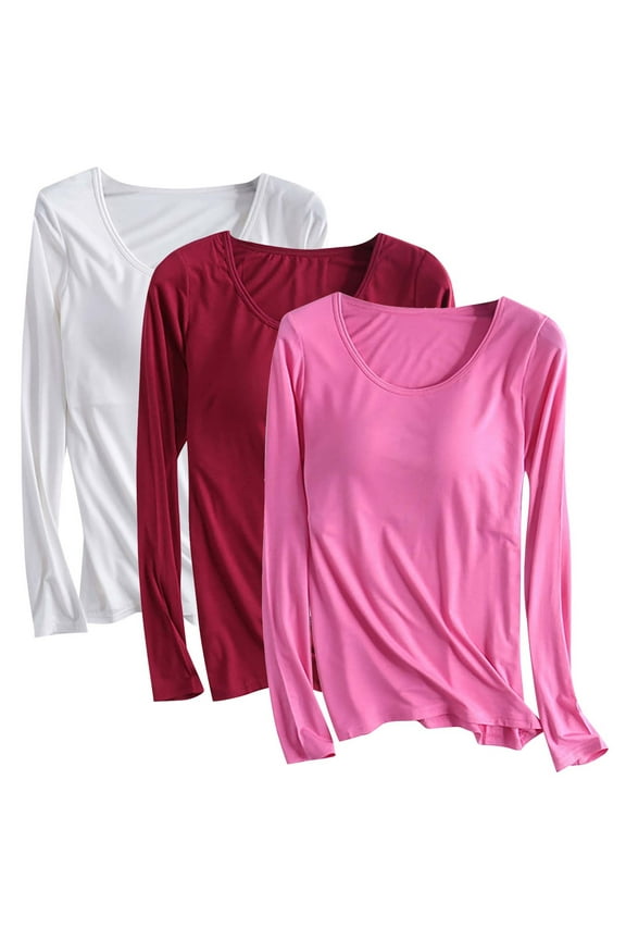Wancir 3PC Womens Built-in Bra T-Shirt Padded Solid Color Long Sleeve Built in Bra Underwear Shirt Modal Sports Bra Workout Tops