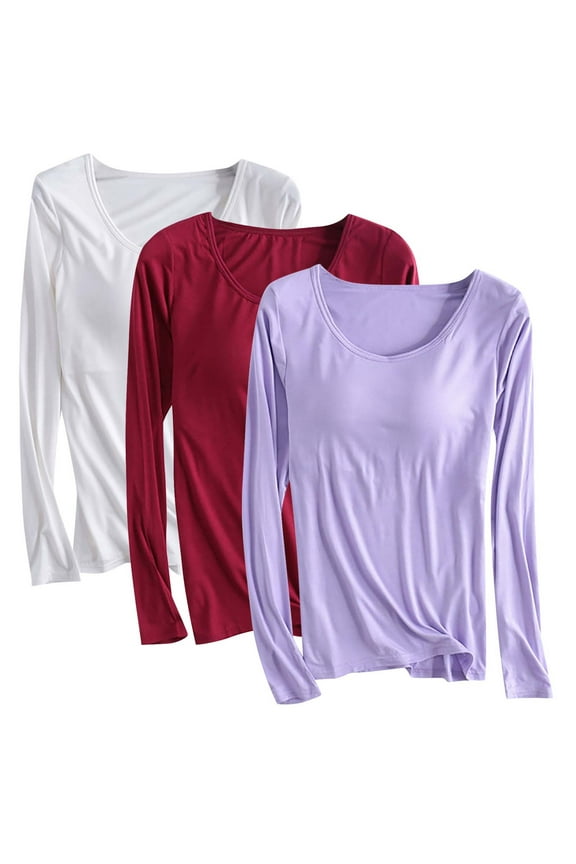 Wancir 3PC Womens Built-in Bra T-Shirt Padded Solid Color Long Sleeve Built in Bra Underwear Shirt Modal Sports Bra Workout Tops