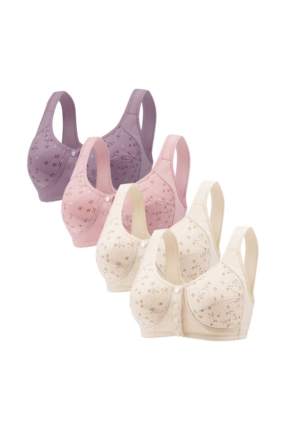 Wancir 4PC Front Closure Bras for Women, Daisy Bras for Older Women, Wide Back No no Steel Underwire Everyday Bra Front Bra