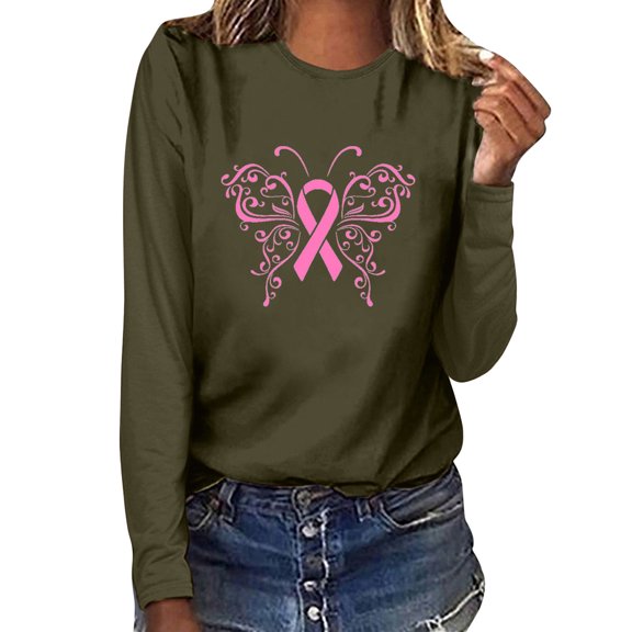 Wancir Breast Cancer Awareness Tops for Women Cute Long Sleeve Pink Ribbon Print Shirts Causal Crewneck Tshirt Blouse