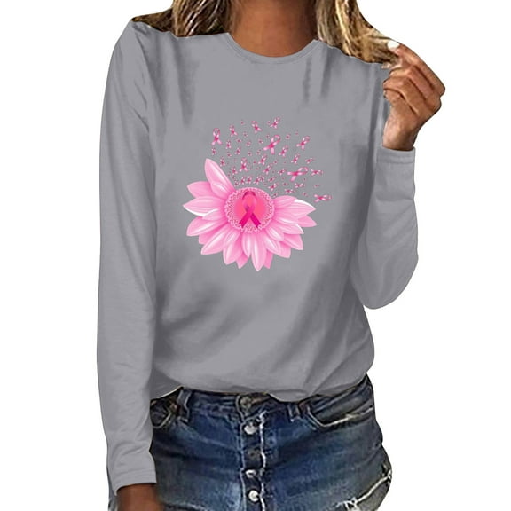 Wancir Breast Cancer Shirts For Women Pink Ribbon Sweatshirt Cancer Fight Awareness Shirt Faith Casual Long Sleeve Tops