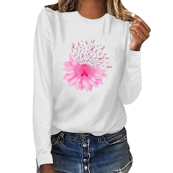Wancir Breast Cancer Shirts For Women Pink Ribbon Sweatshirt Cancer Fight Awareness Shirt Faith Casual Long Sleeve Tops