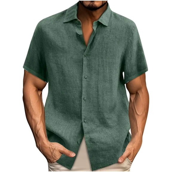 Wancir Button Down Short Sleeve Linen Shirts for Men Summer Casual Cotton Spread Collar Beach Shirts