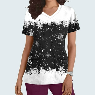 Wancir Christmas Scrub Tops Women Plus Size Scrub Shirt Nurse Uniforms Xmas Print Tunic Tops with Pockets