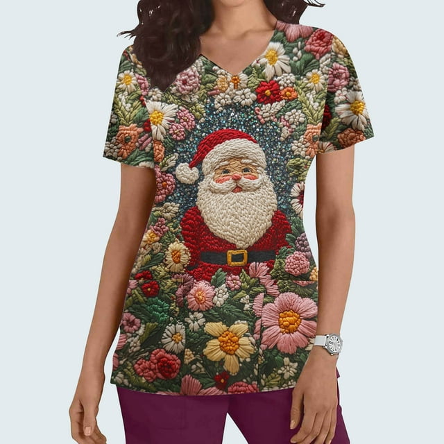 Wancir Christmas Scrub Tops Women Plus Size Scrub Shirt Nurse Uniforms Xmas Print Tunic Tops with Pockets