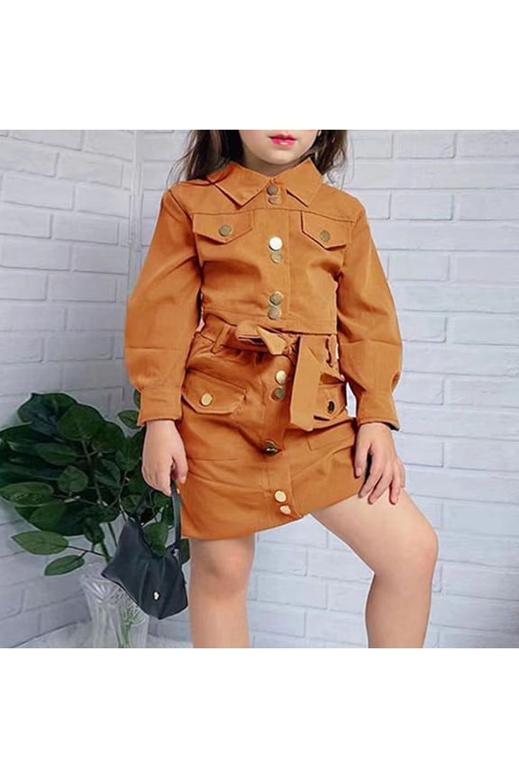 Wancir Girl's 2 Piece Outfits Button Front Long Sleeve Tweed Jacket and Skirt Set