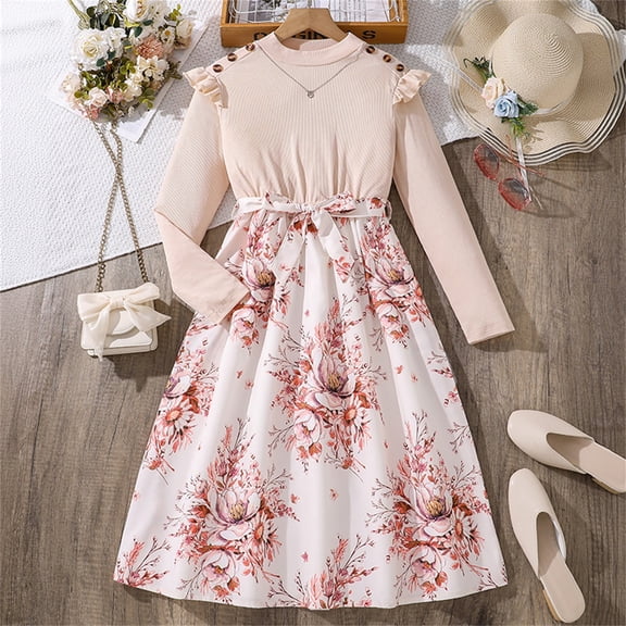 Wancir Little Girls Floral Printed Dresses Long Sleeved Round Neck Ruffle Hem Cake Dress for Party Indoor and Outdoor