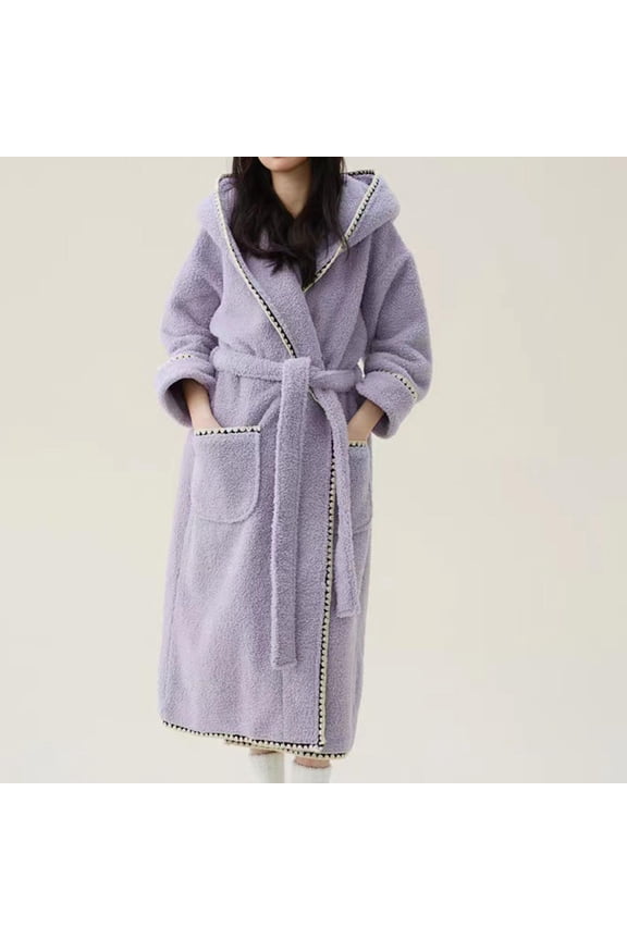 Wancir Long Hooded Robe for Women Luxurious Flannel Fleece Full Length Bathrobe Winter Warm Pajamas Shower Nightgown