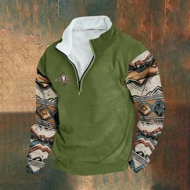 Wancir Men Fashion Aztec Cowboy Hoodies Retro Ethnic Printed Pullovers Zipper Stand Collar Long Sleeve Loose Tops