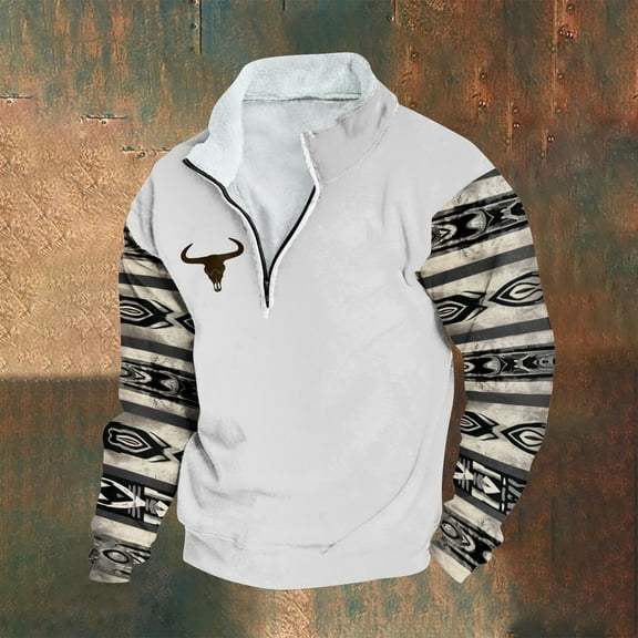 Wancir Men Retro Ethnic Printed Sweatshirts Casual Stand-Up Neck Pullover Tops Zipper V Neck Long Sleeve Loose Sweatshirts