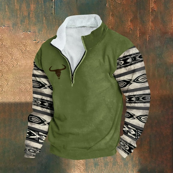 Wancir Men Retro Ethnic Printed Sweatshirts Casual Stand-Up Neck Pullover Tops Zipper V Neck Long Sleeve Loose Sweatshirts