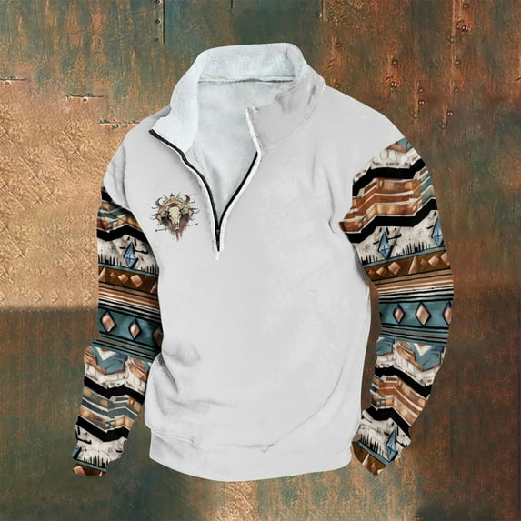 Wancir Men Retro Ethnic Printed Sweatshirts Casual Stand-Up Neck Pullover Tops Zipper V Neck Long Sleeve Loose Sweatshirts