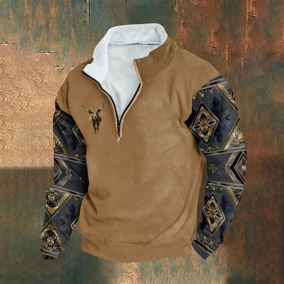 Wancir Men's Casual Sweatshirt Retro Ethnic Style Printed Stand Collar Zipper Long Sleeve Loose Top Fashion Comfort Pullover