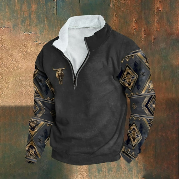 Wancir Men's Casual Sweatshirt Retro Ethnic Style Printed Stand Collar Zipper Long Sleeve Loose Top Fashion Comfort Pullover